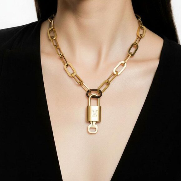 Authentic Louis Vuitton GoldPadlock w/Unbranded Stainless Steel Paper Clip Chain